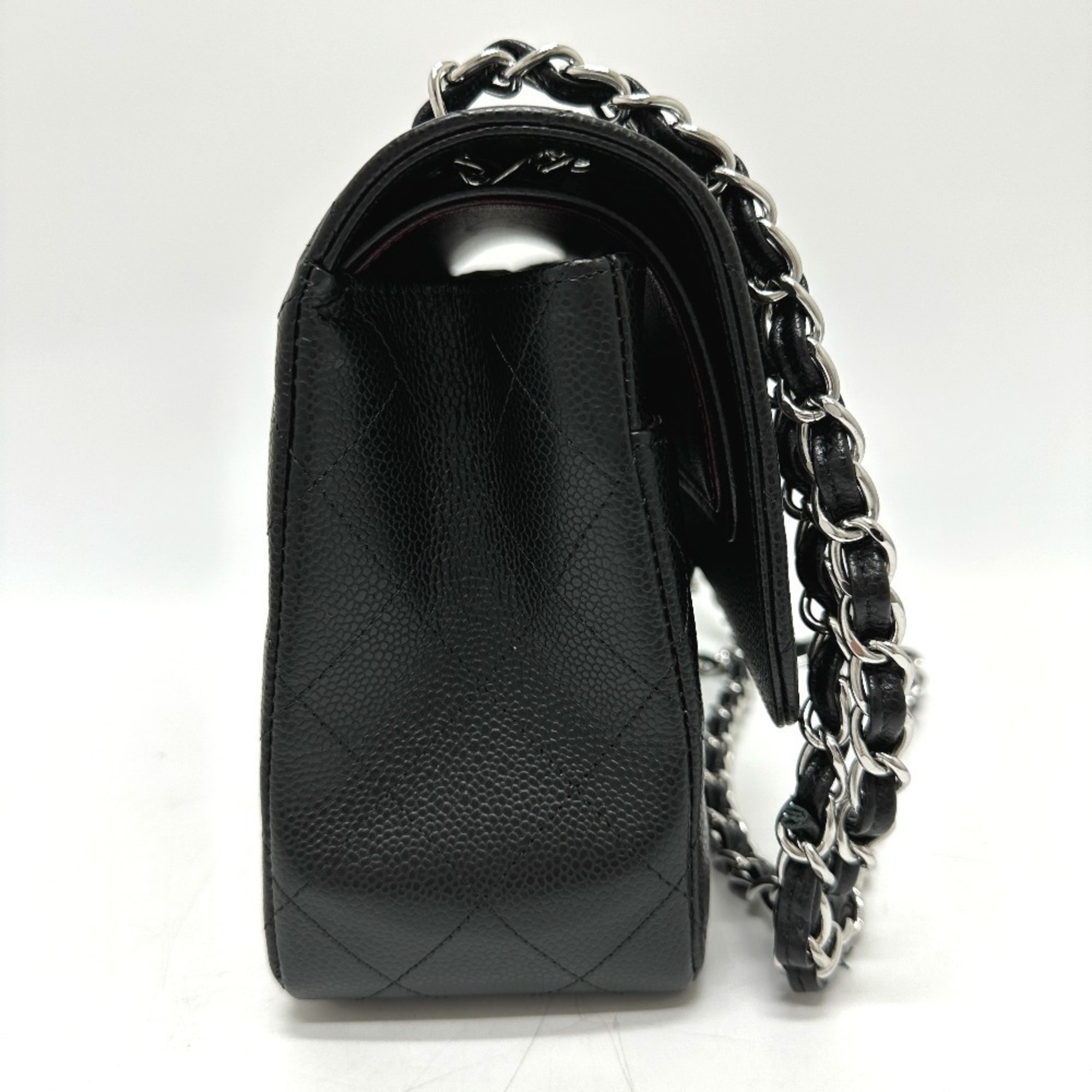 CHANEL A58600 Deca Matelasse 30 Double Flap Chain Shoulder Bag Caviar Skin Women's Black