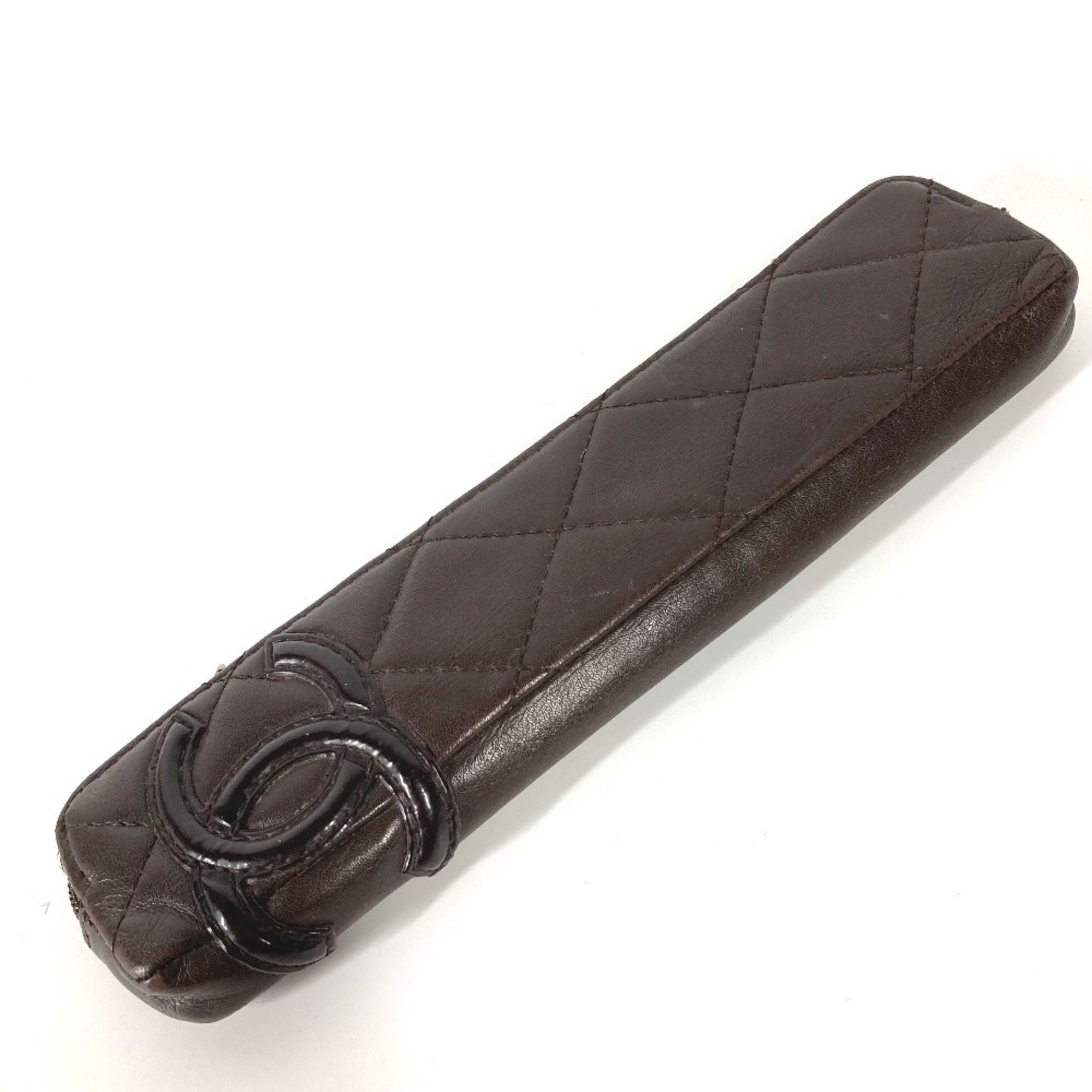 CHANEL Cambon Line CC Coco Mark Pencil Case Stationery Pen Leather Women's Brown