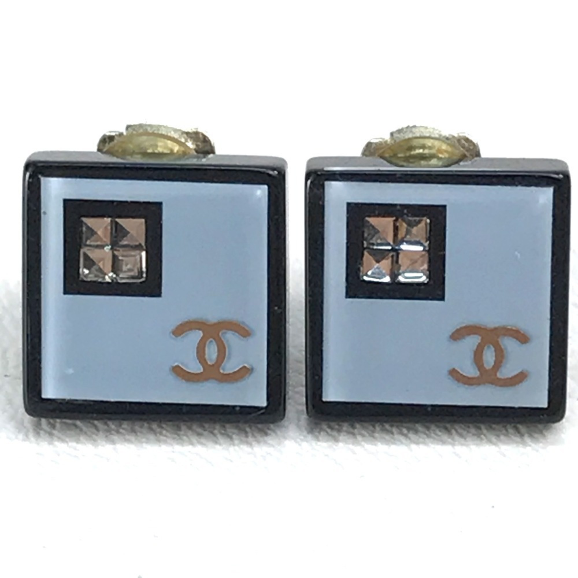 CHANEL CC Coco Mark Square Rhinestone Earrings Plastic Women's Light Blue