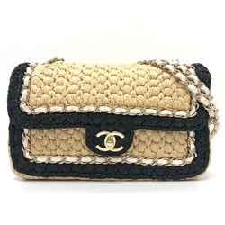 CHANEL Coco Mark Flap Double Chain Shoulder Bag Linen Women's Beige x Black