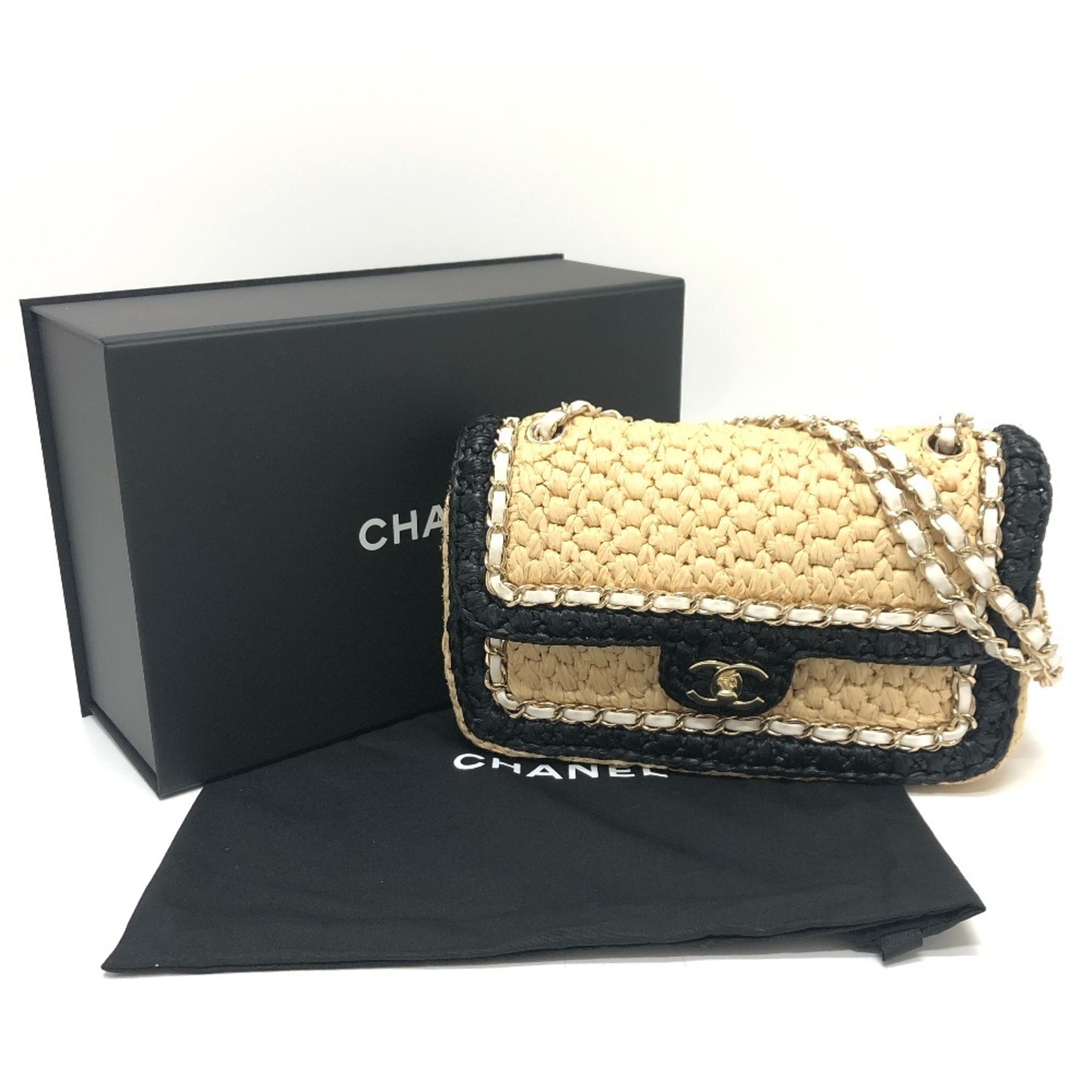 CHANEL Coco Mark Flap Double Chain Shoulder Bag Linen Women's Beige x Black