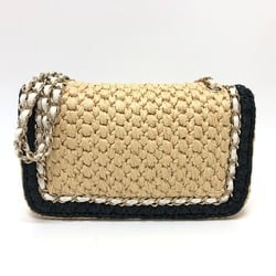 CHANEL Coco Mark Flap Double Chain Shoulder Bag Linen Women's Beige x Black