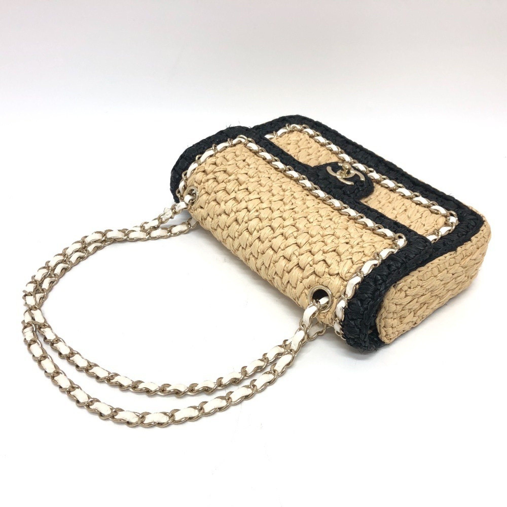 CHANEL Coco Mark Flap Double Chain Shoulder Bag Linen Women's Beige x Black