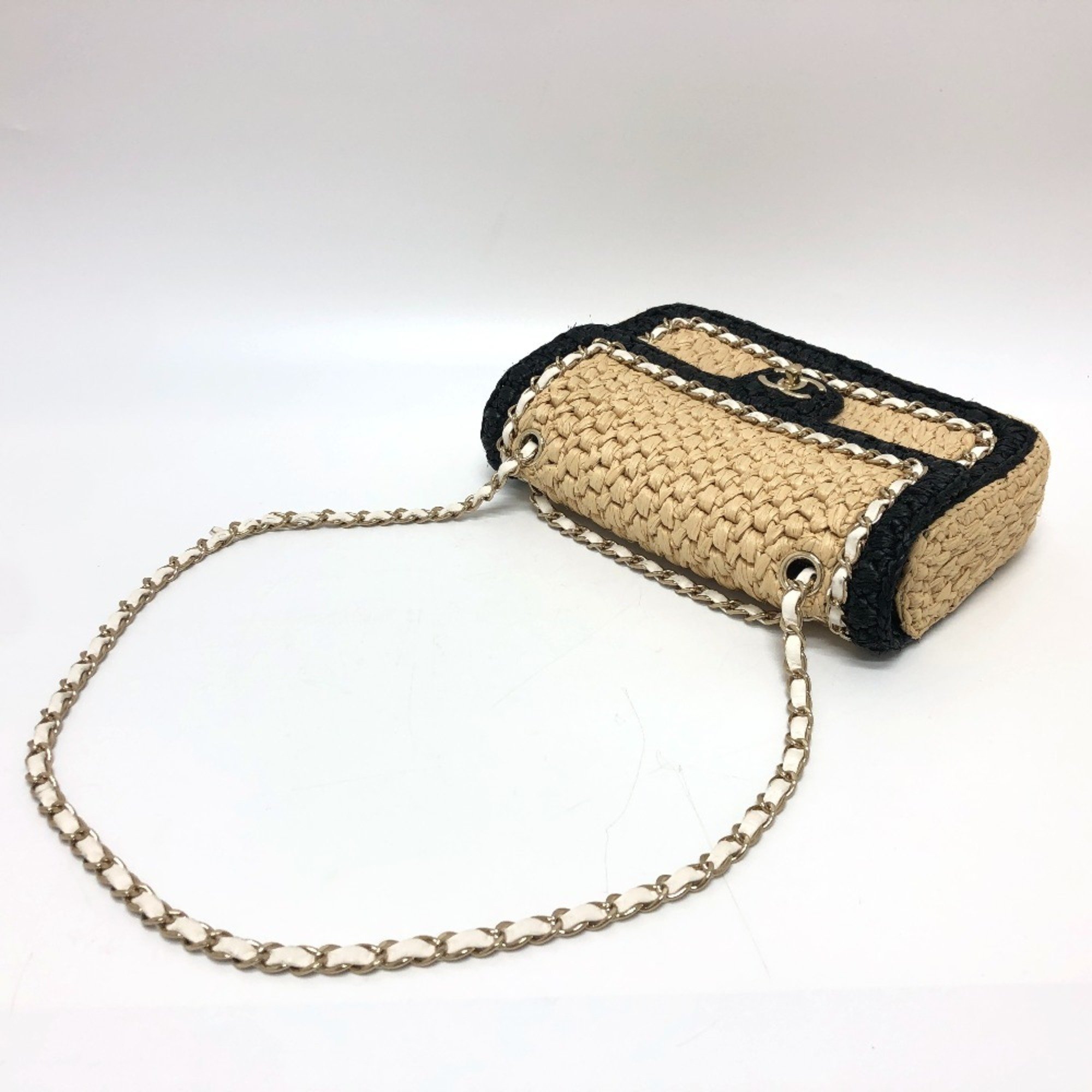 CHANEL Coco Mark Flap Double Chain Shoulder Bag Linen Women's Beige x Black