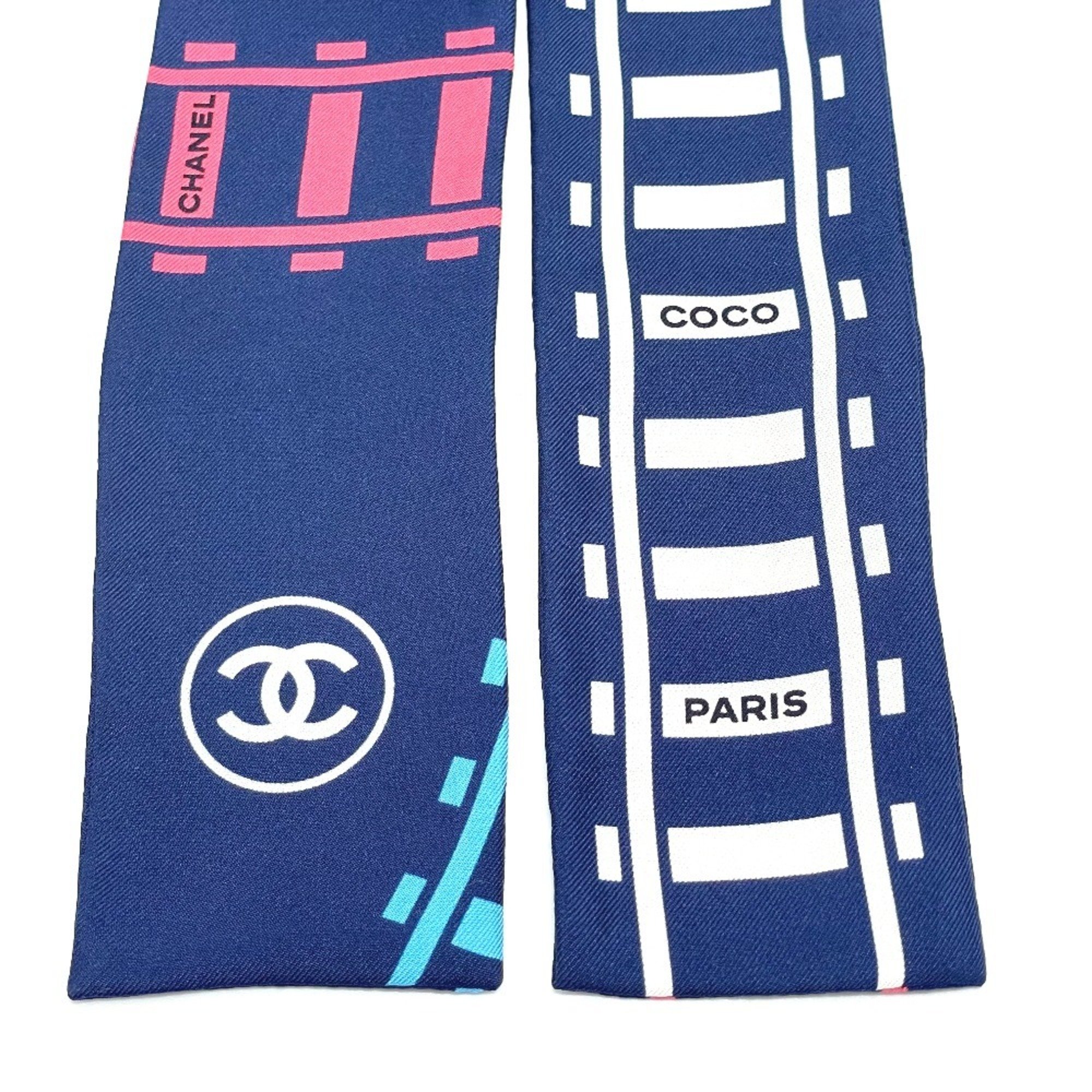 CHANEL CC Coco Mark Railroad Motif Bandeau Twilly Bag Scarf Silk Women's Blue