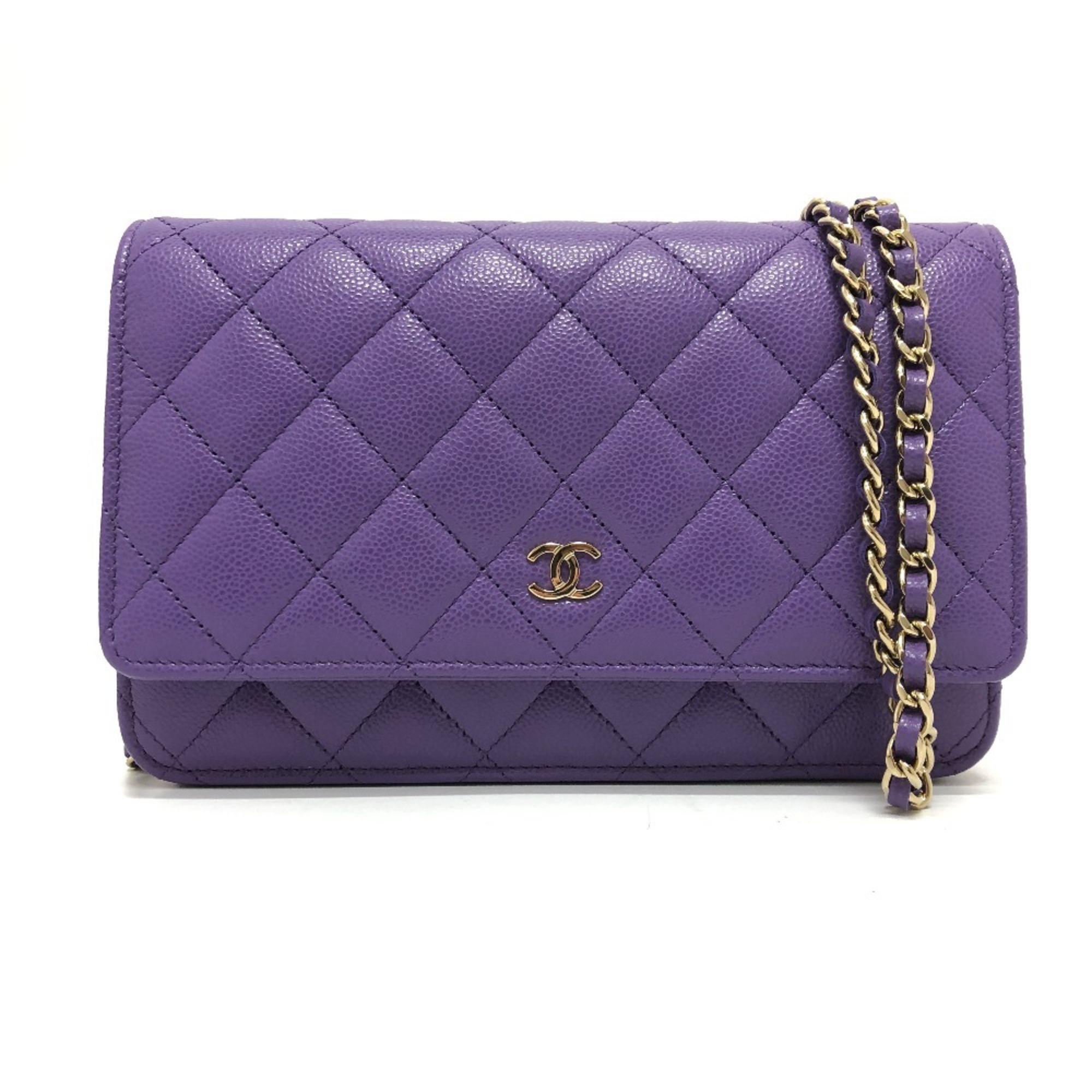 CHANEL A33814 CC Coco Mark Matelasse Chain Wallet Shoulder Bag Caviar Skin Women's Purple