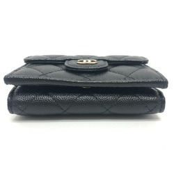 CHANEL A84401 Coco Mark Matelasse Compact Wallet Purse Tri-fold Caviar Skin Women's Black