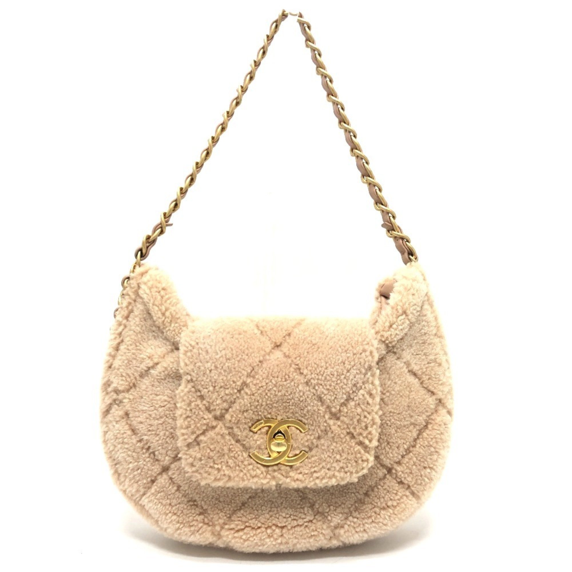 CHANEL AS4468 23K Around Matelasse Hobo Chain Bag Tote Lamb Women's Beige