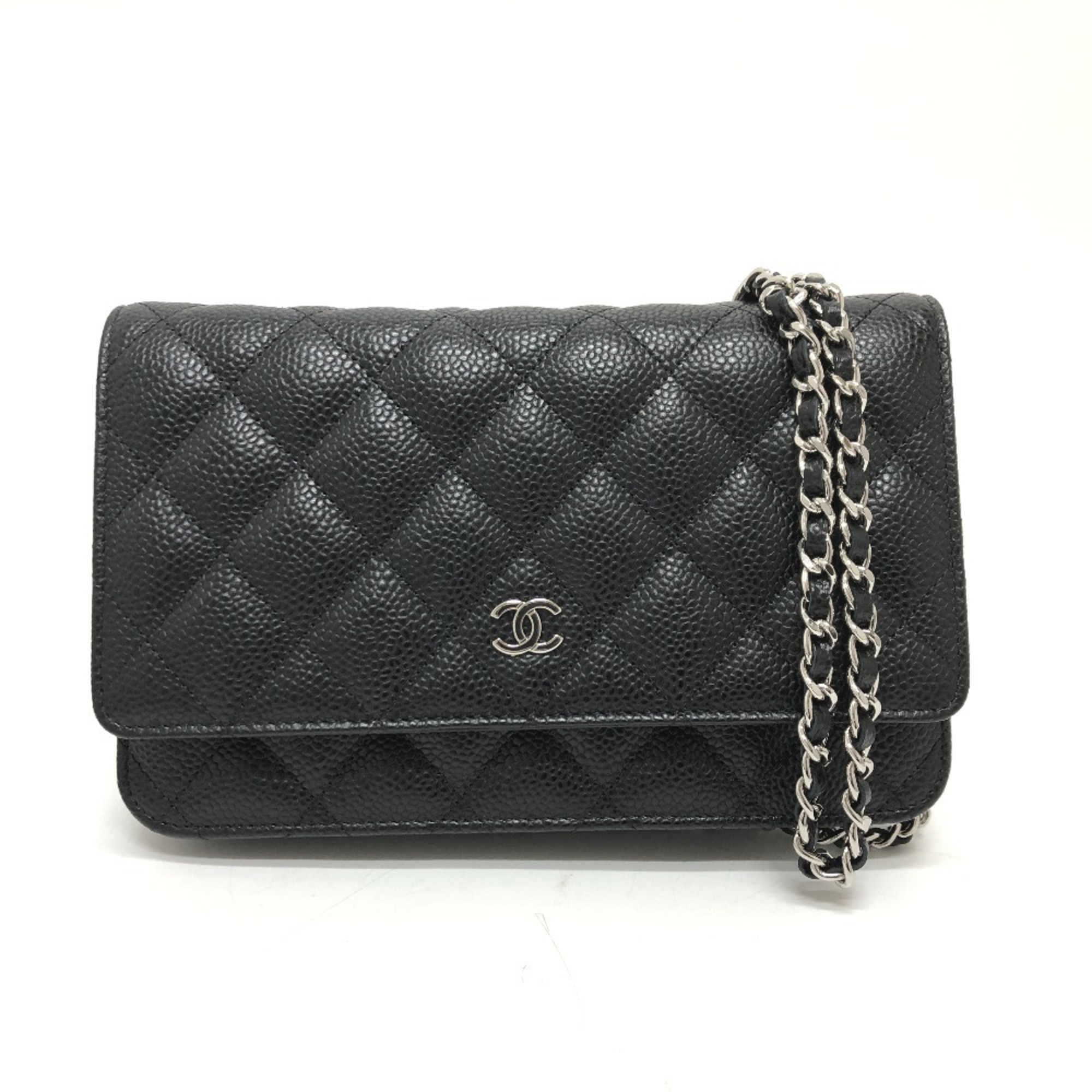 CHANEL AP0250 Matelasse Coco Mark Classic Chain Wallet Shoulder Bag Caviar Skin Women's Silver Hardware Black