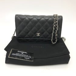 CHANEL AP0250 Matelasse Coco Mark Classic Chain Wallet Shoulder Bag Caviar Skin Women's Silver Hardware Black