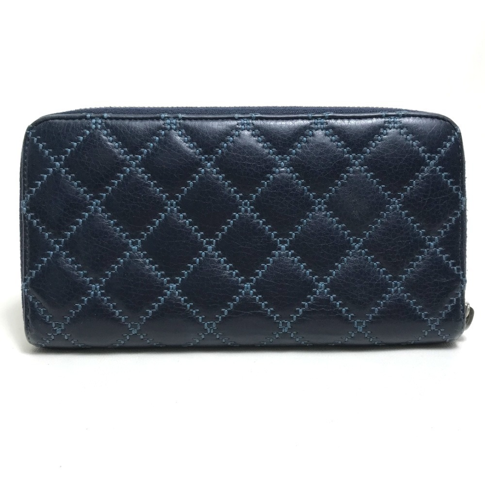 CHANEL A69211 CC Quilted Stitch Round Long Wallet Calfskin Women's Navy x Blue