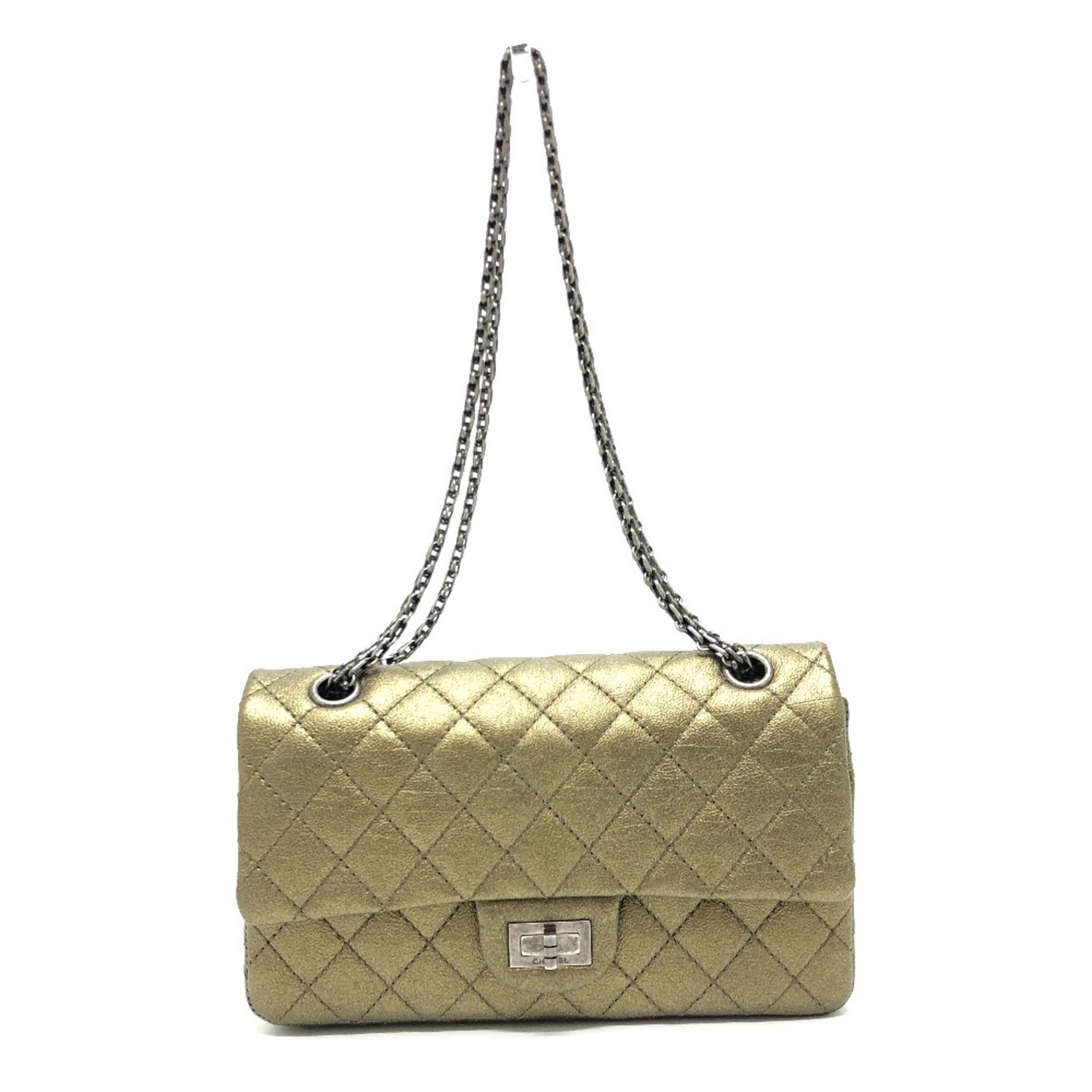 CHANEL Chanel 2.55 hardware Matelasse quilted bag W chain shoulder calfskin ladies bronze gold