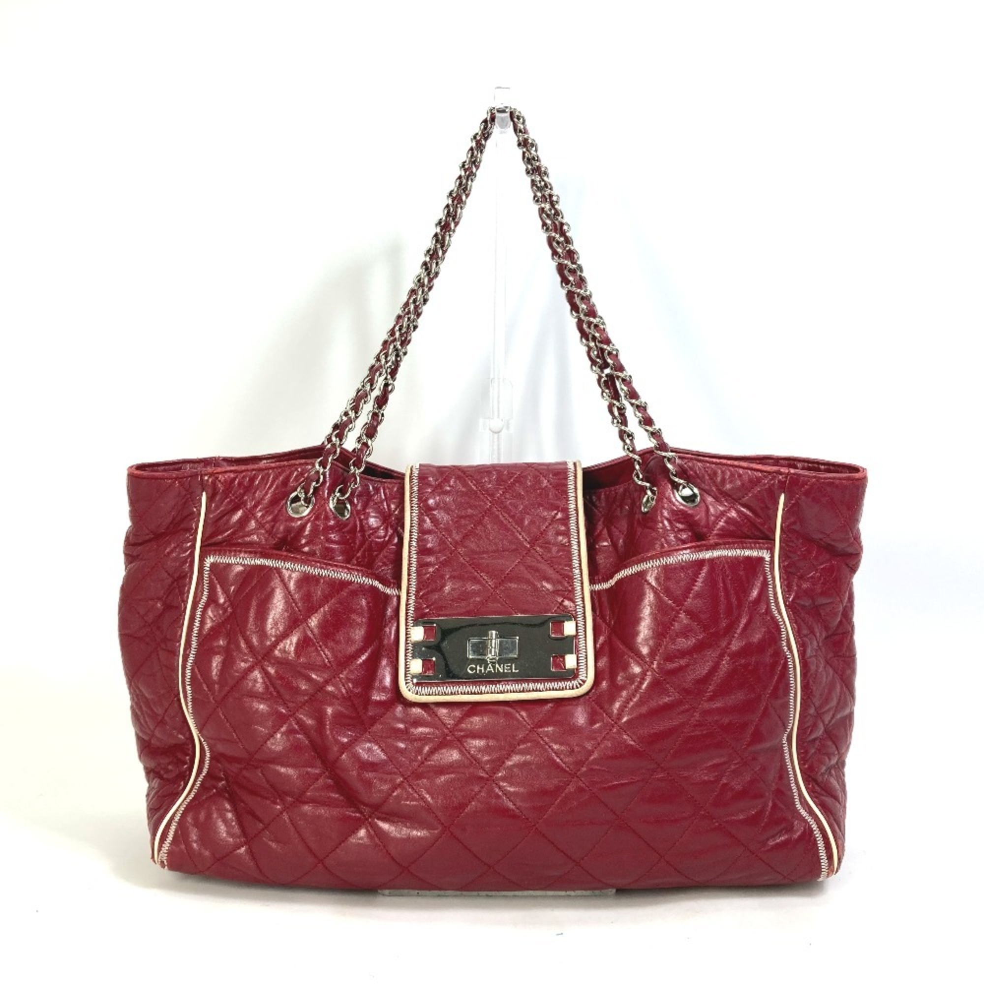 CHANEL Quilted 2.55 Matelasse W Chain Tote Bag Shoulder Leather Women's Red