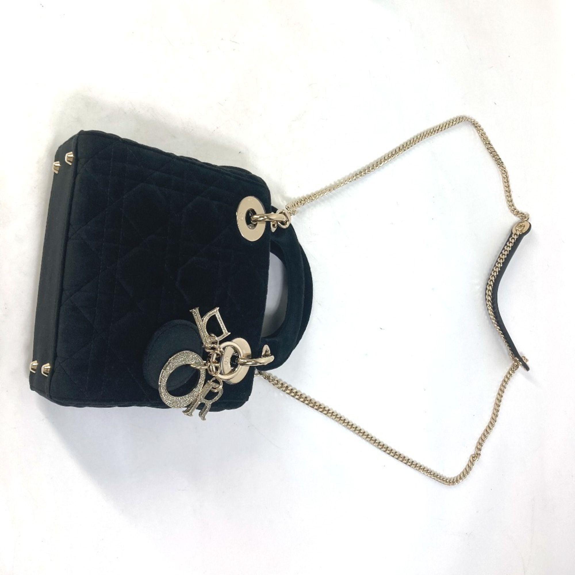 Christian Dior Dior Lady Chain Cannage Rhinestone Shoulder Bag Handbag Velour Leather Women's Black