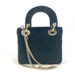 Christian Dior Dior Lady Chain Cannage Rhinestone Shoulder Bag Handbag Velour Leather Women's Black