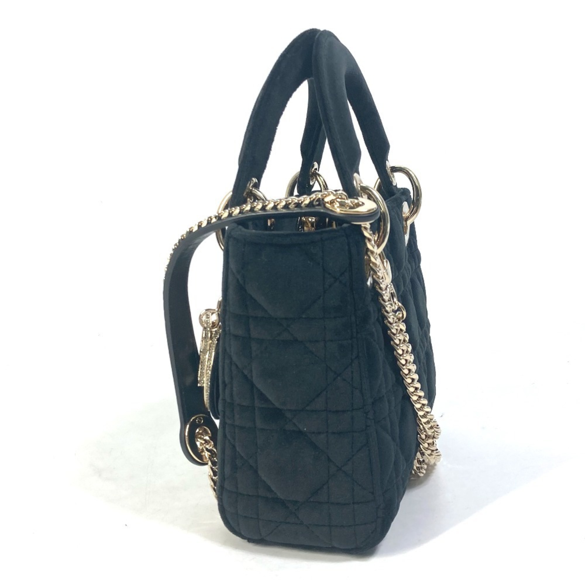 Christian Dior Dior Lady Chain Cannage Rhinestone Shoulder Bag Handbag Velour Leather Women's Black