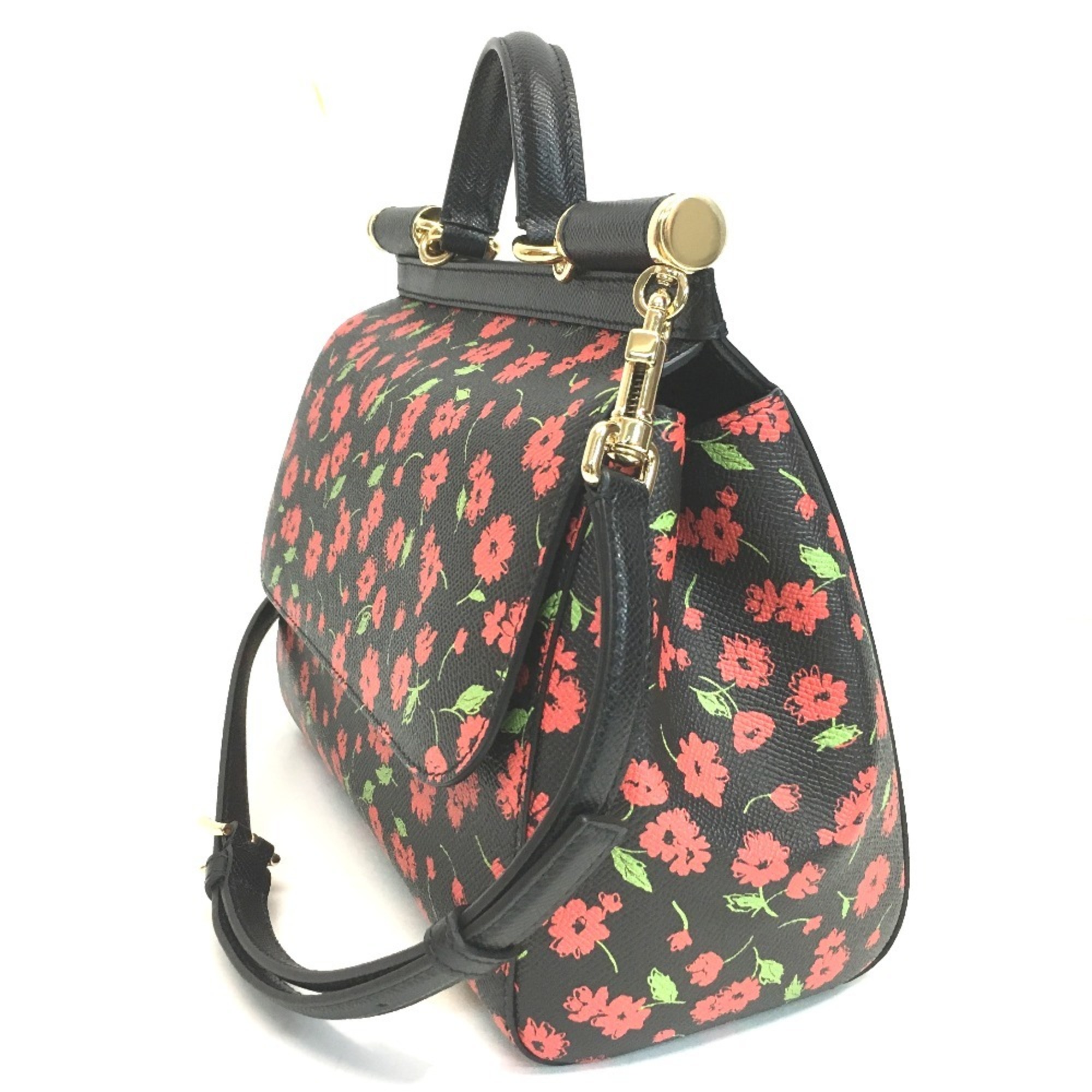 Dolce & Gabbana DOLCE&GABBANA Flower Sicily Handbag Shoulder Bag Leather Women's Black x Red Green