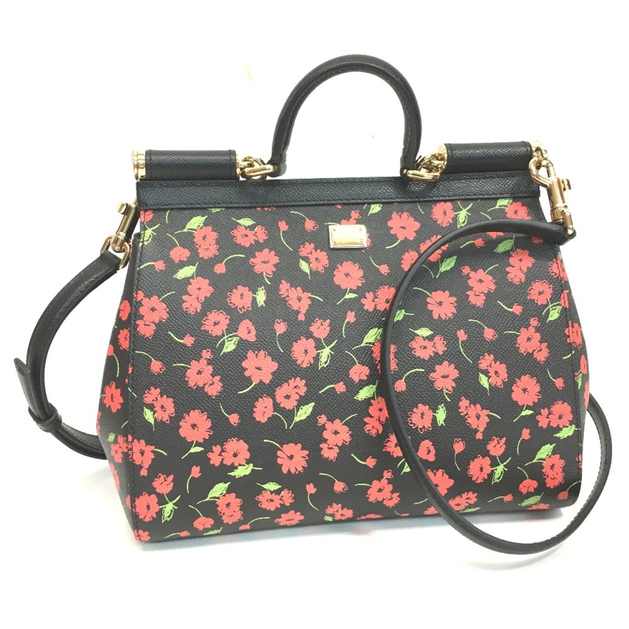 Dolce & Gabbana DOLCE&GABBANA Flower Sicily Handbag Shoulder Bag Leather Women's Black x Red Green