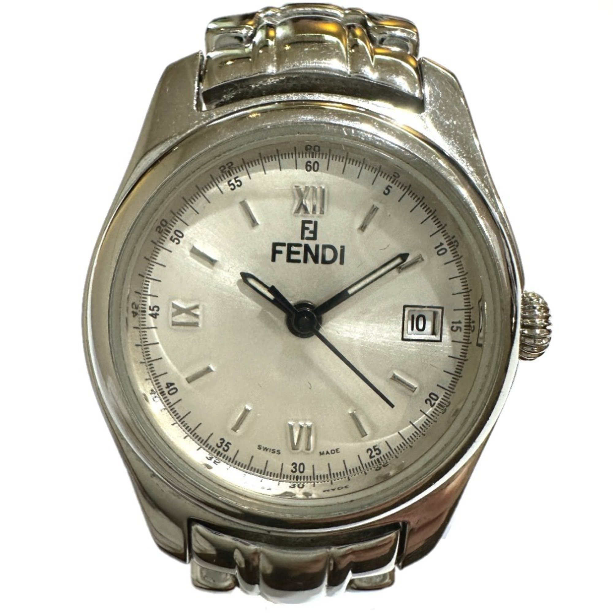 FENDI 210L Roman Index Date Watch Quartz SS Ladies Silver