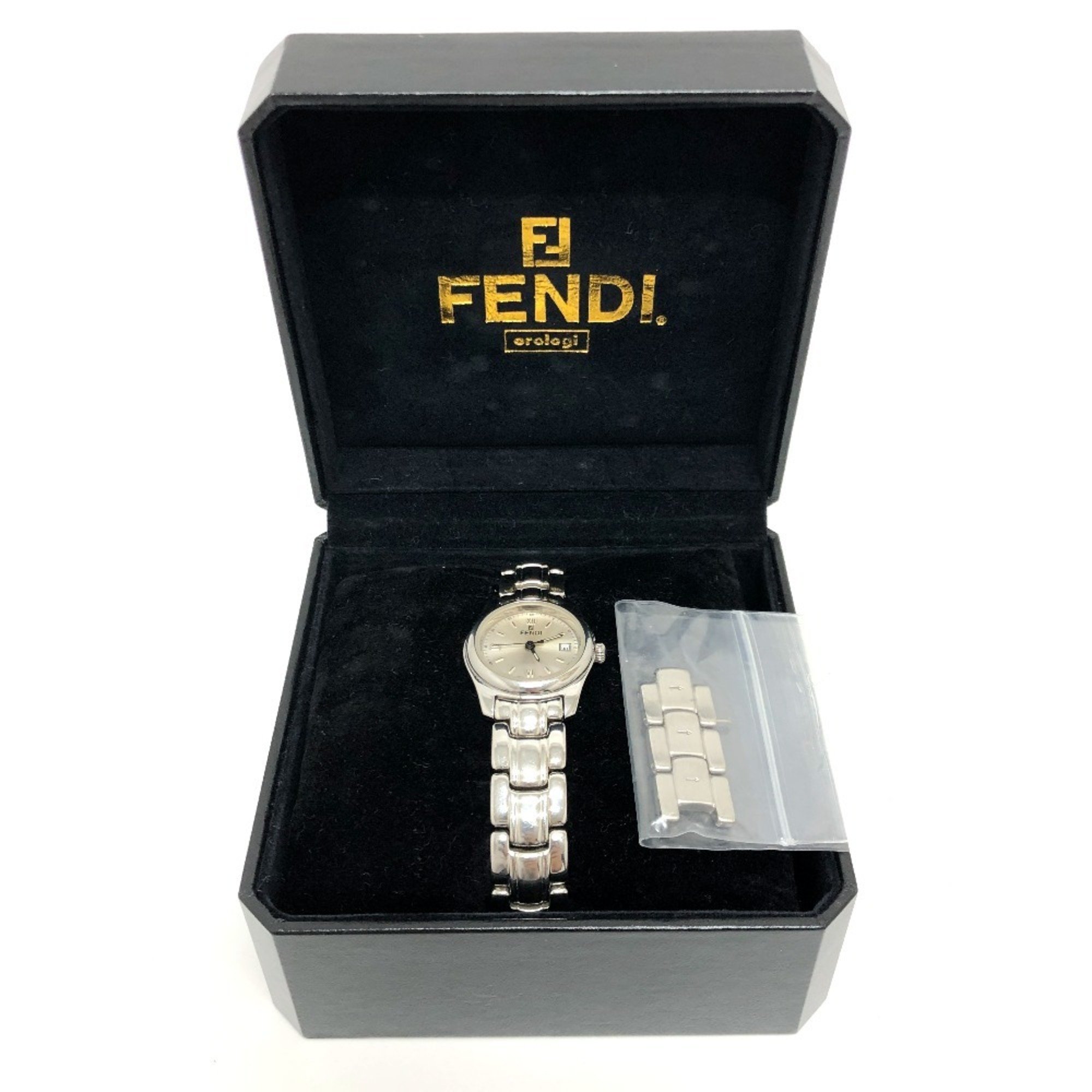 FENDI 210L Roman Index Date Watch Quartz SS Ladies Silver