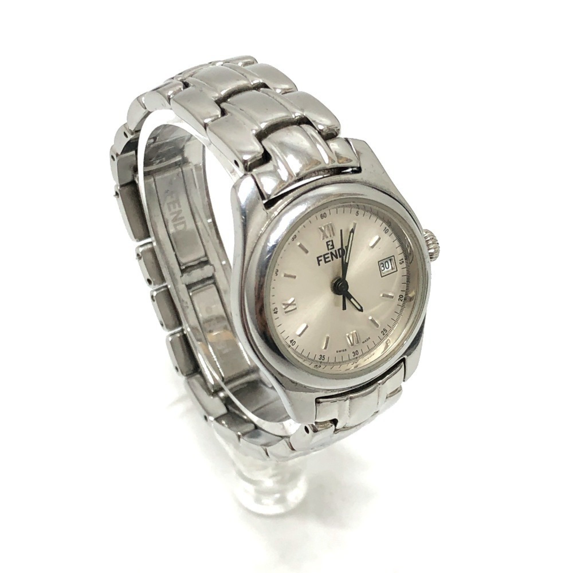 FENDI 210L Roman Index Date Watch Quartz SS Ladies Silver