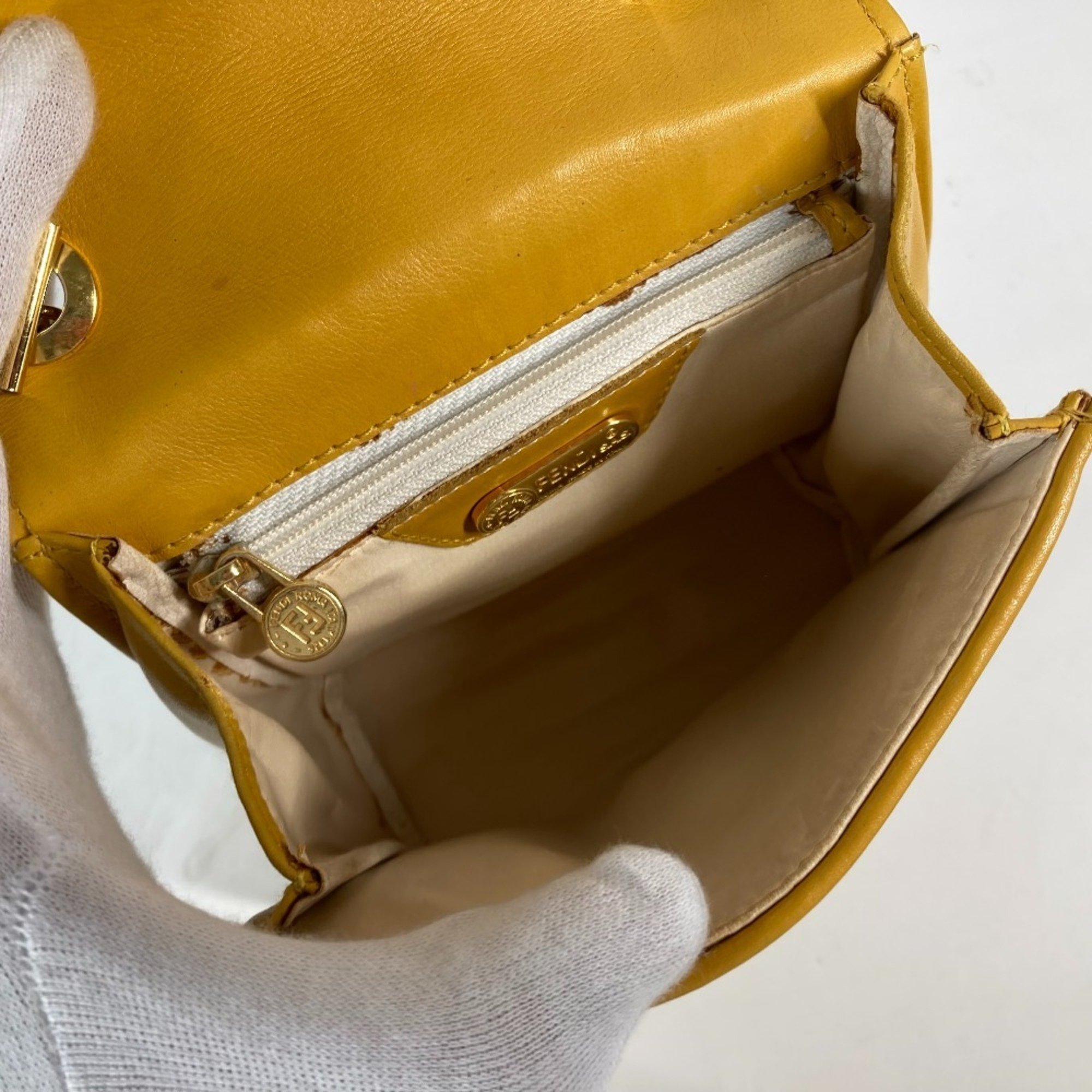 FENDI Metal Handle Handbag Leather Women's Yellow