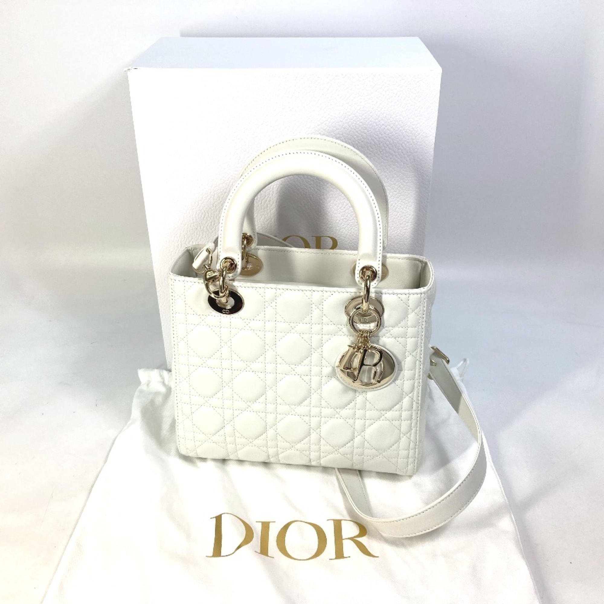 Christian Dior Dior M0565ONGE_M030 LADY DIOR Lady Cannage Medium Shoulder Bag Handbag Lambskin Women's White