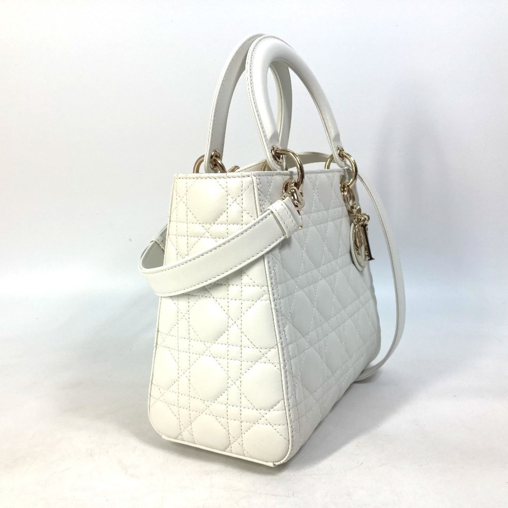 Christian Dior Dior M0565ONGE_M030 LADY DIOR Lady Cannage Medium Shoulder Bag Handbag Lambskin Women's White