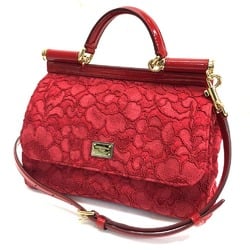 Dolce & Gabbana DOLCE&GABBANA Sicily Plate Floral Embroidered Handbag Shoulder Bag Cotton Patent Leather Women's Red