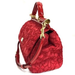 Dolce & Gabbana DOLCE&GABBANA Sicily Plate Floral Embroidered Handbag Shoulder Bag Cotton Patent Leather Women's Red