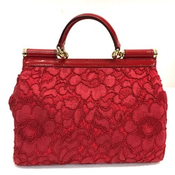 Dolce & Gabbana DOLCE&GABBANA Sicily Plate Floral Embroidered Handbag Shoulder Bag Cotton Patent Leather Women's Red