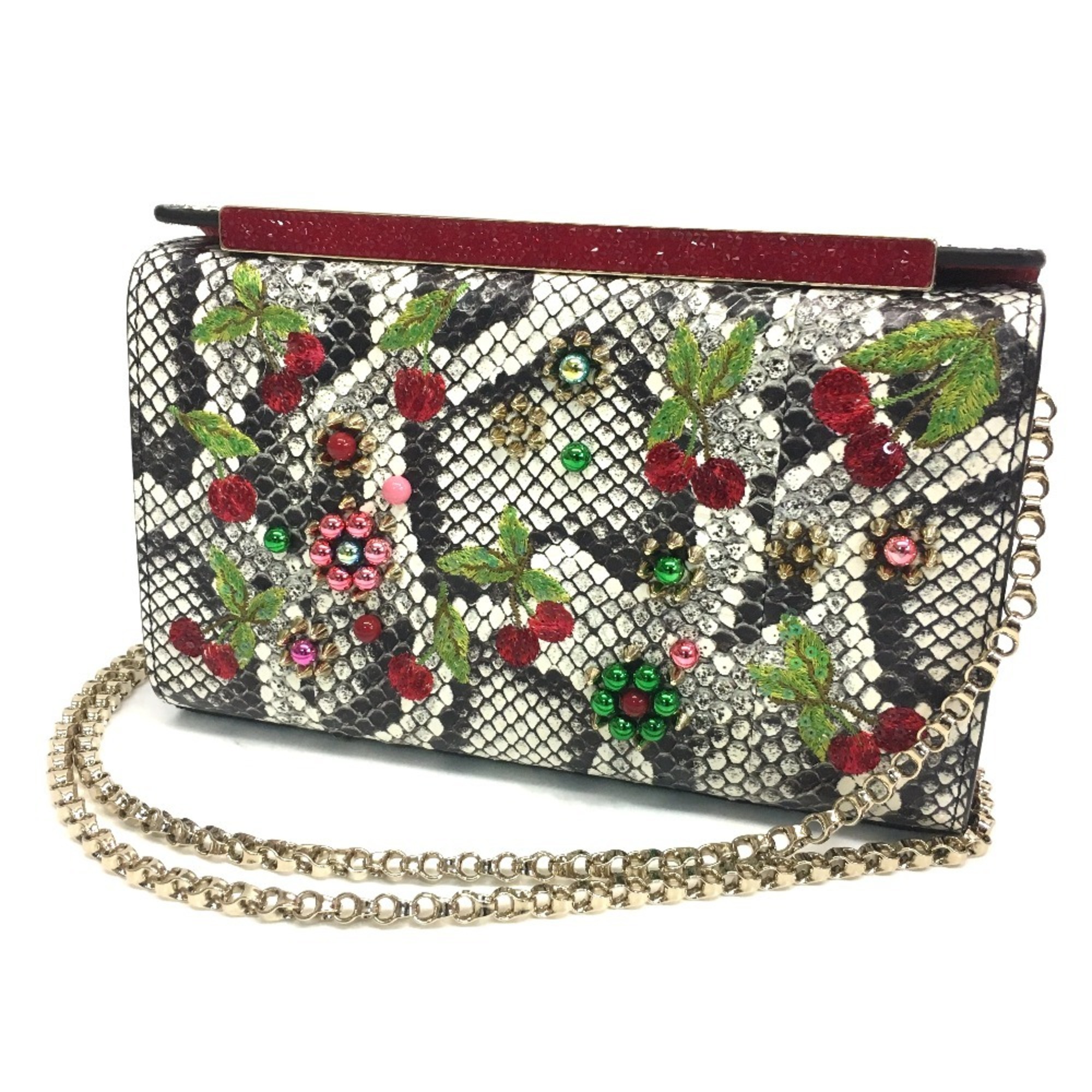 Christian Louboutin Cherry Pattern Studded Bag Chain Shoulder Leather Women's Multicolor White