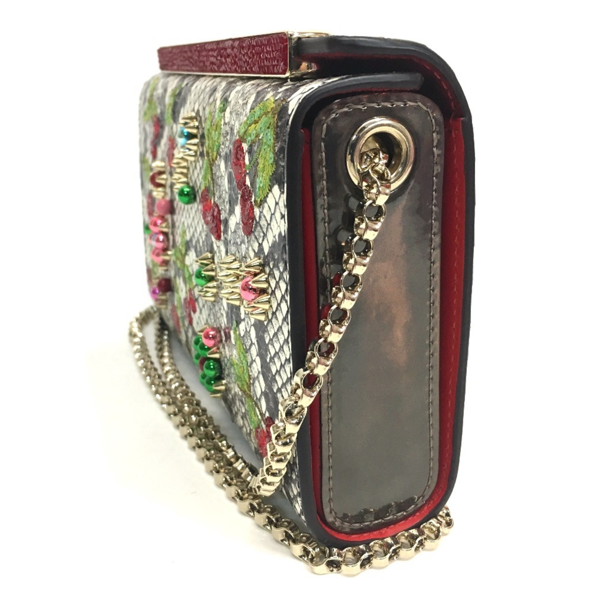 Christian Louboutin Cherry Pattern Studded Bag Chain Shoulder Leather Women's Multicolor White