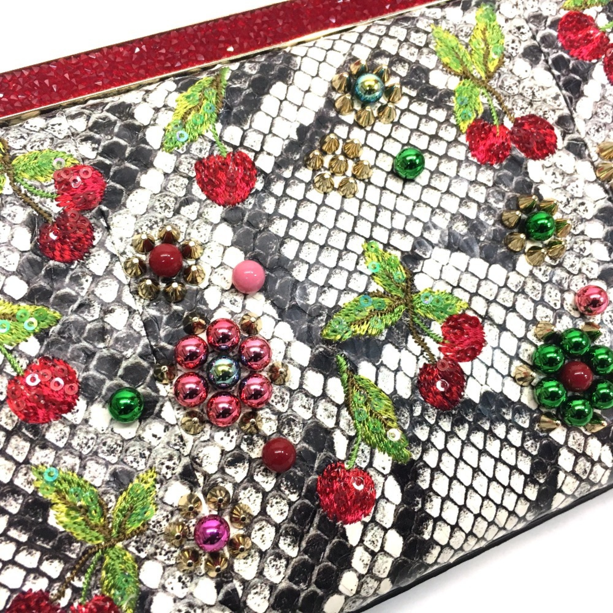 Christian Louboutin Cherry Pattern Studded Bag Chain Shoulder Leather Women's Multicolor White