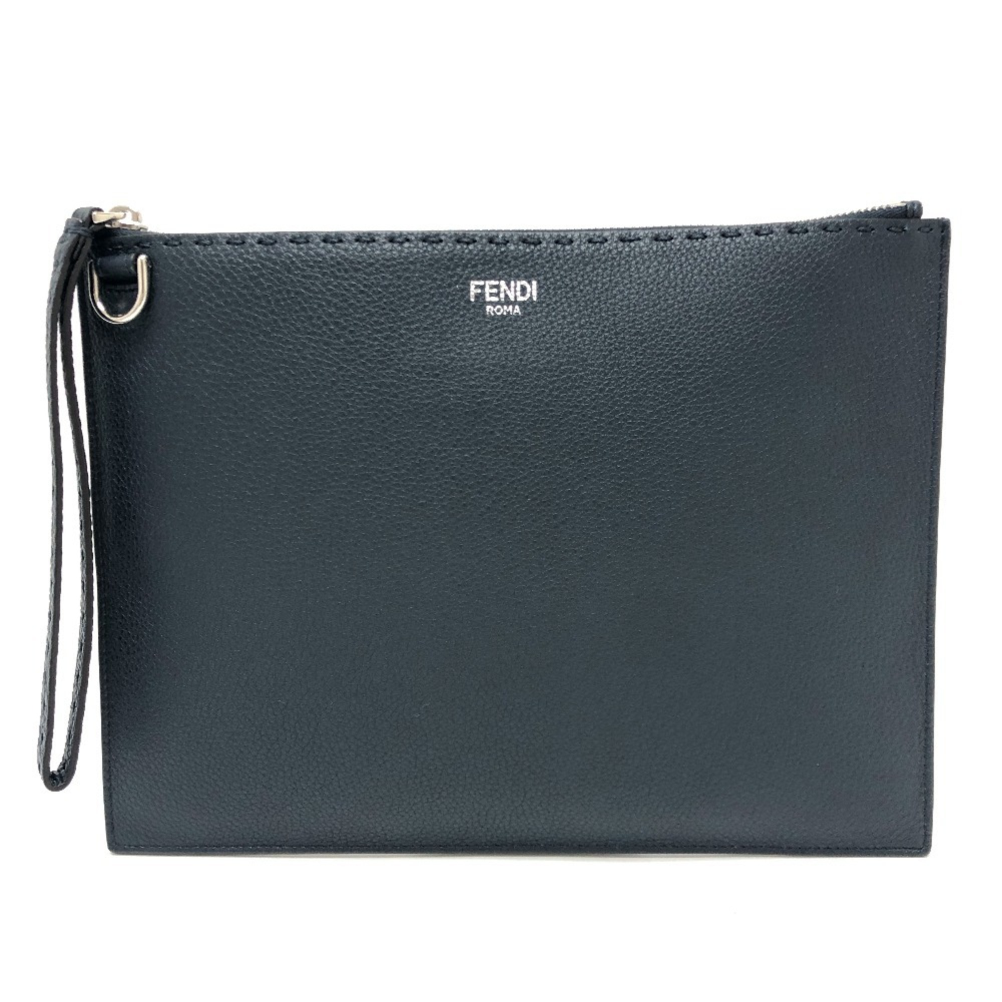 FENDI 8N0202 Selleria Strap Clutch Bag, Calf Leather, Men's, Lavagna Navy, Navy