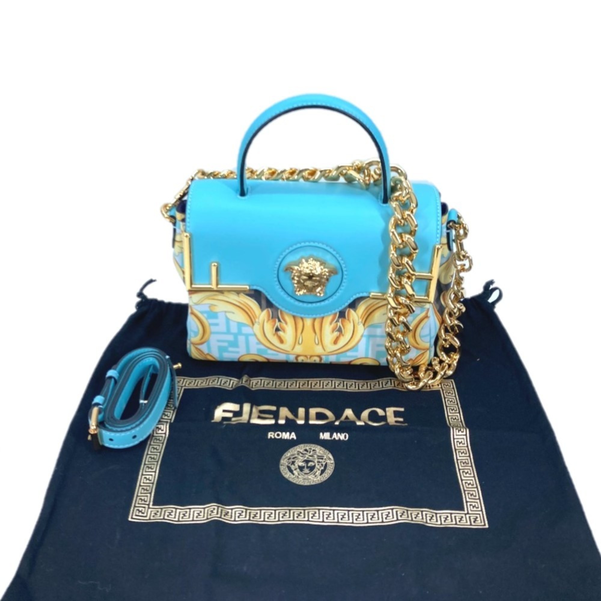 FENDI Versace collaboration FENDACE Medusa shoulder bag chain handbag leather ladies blue