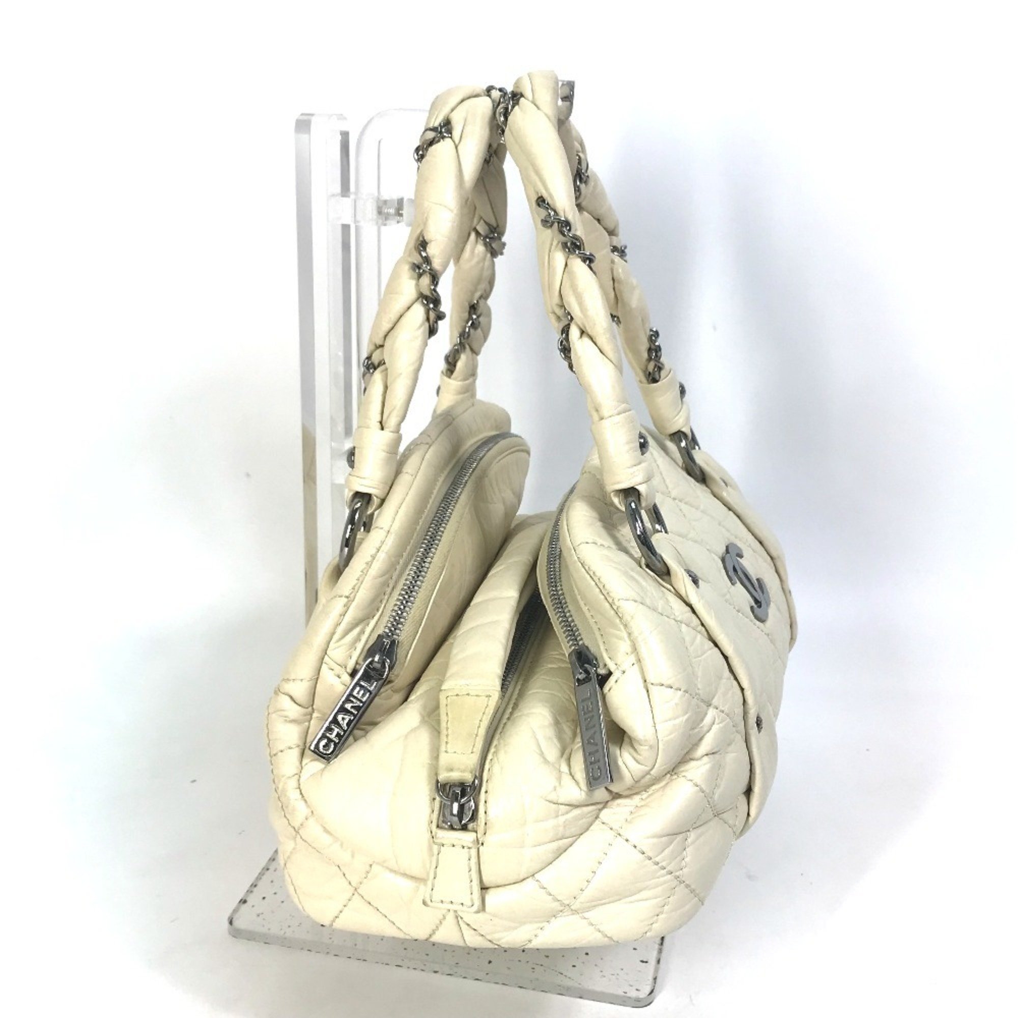 CHANEL Bubble Quilt CC Coco Mark Chain Boston Bag Handbag Leather Women's Beige