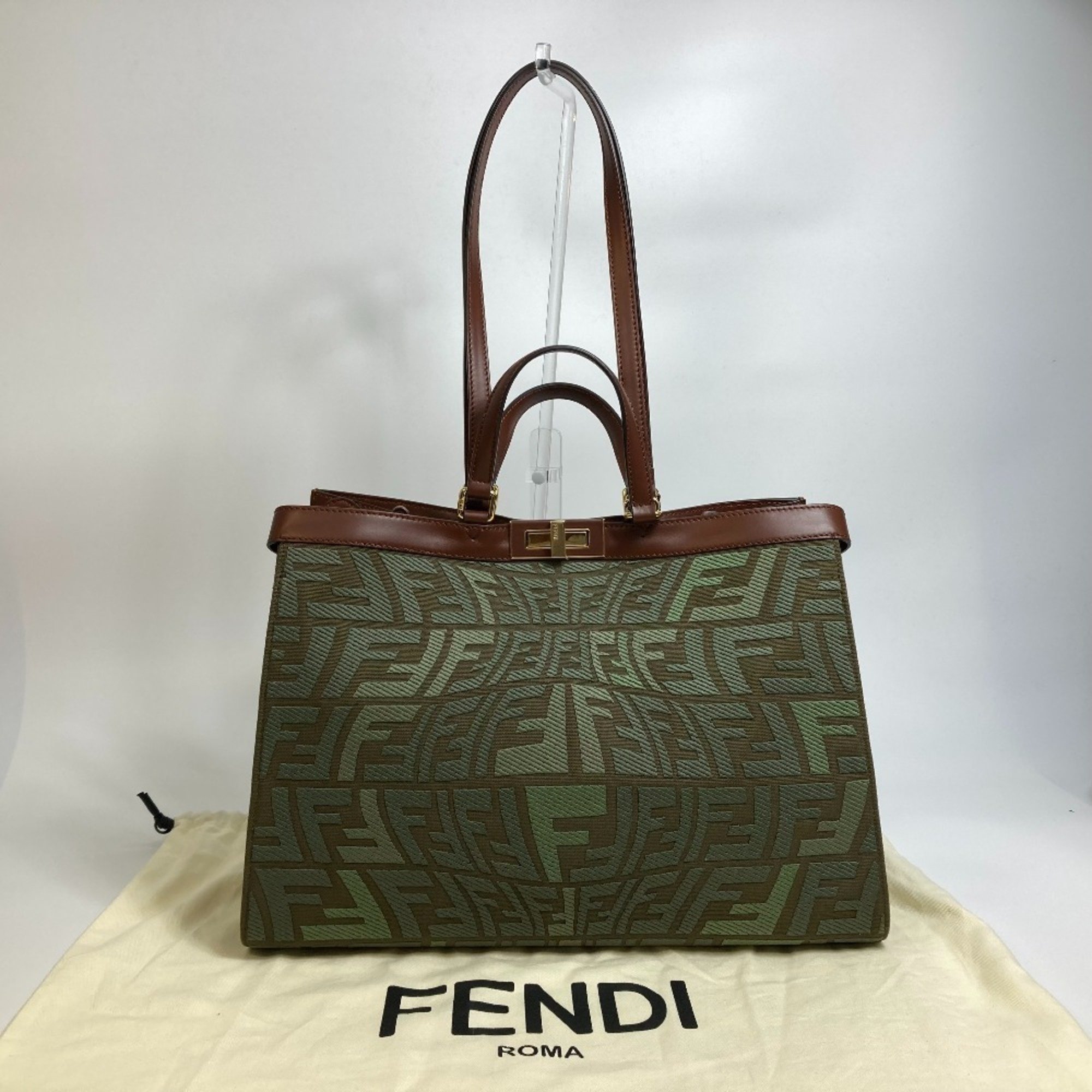 FENDI 8BH374 FF Peekaboo X Tote Shoulder Bag Cotton Women's Green