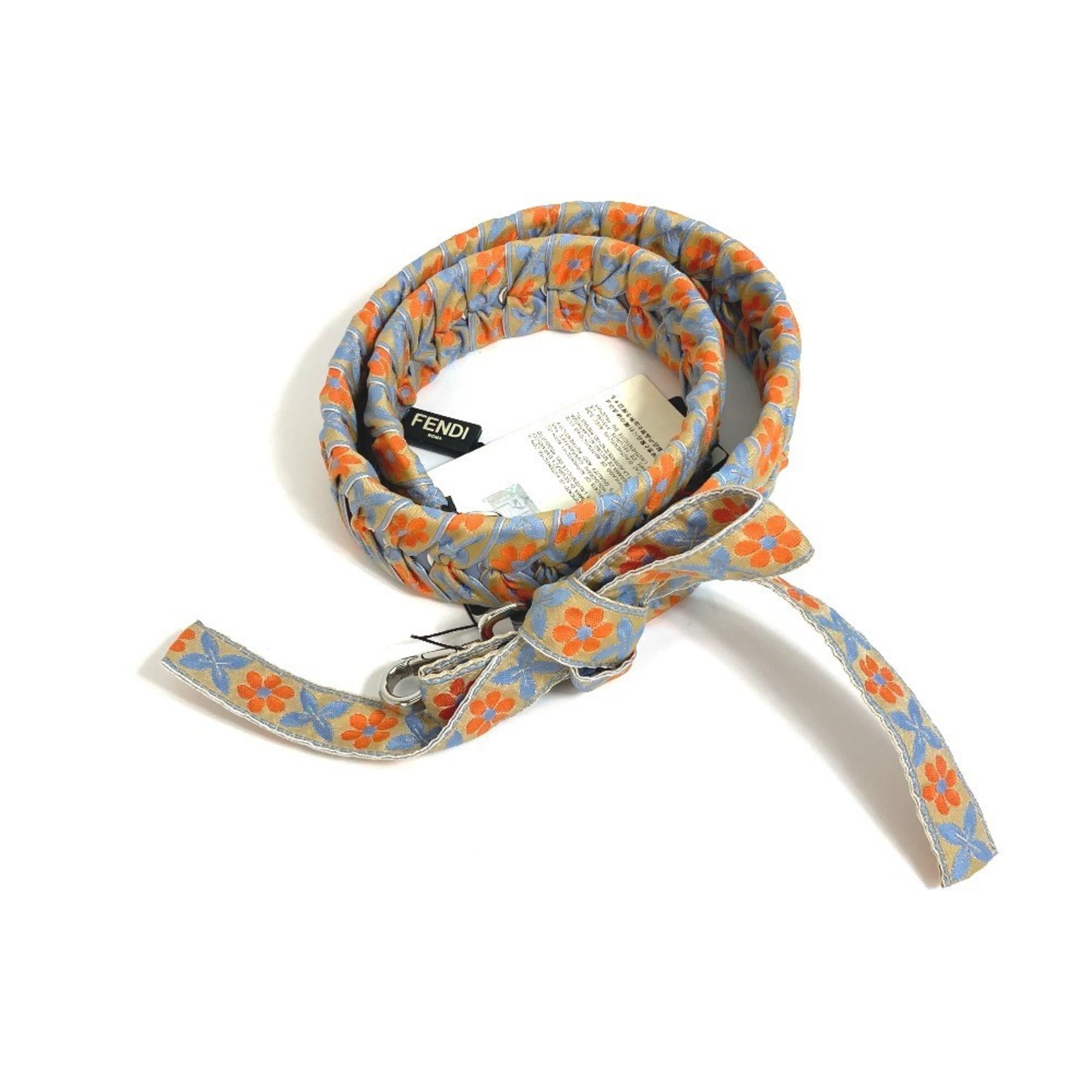 FENDI 8AV077 Flower Ribbon Strap You Shoulder Leather Canvas Women's Blue x Orange