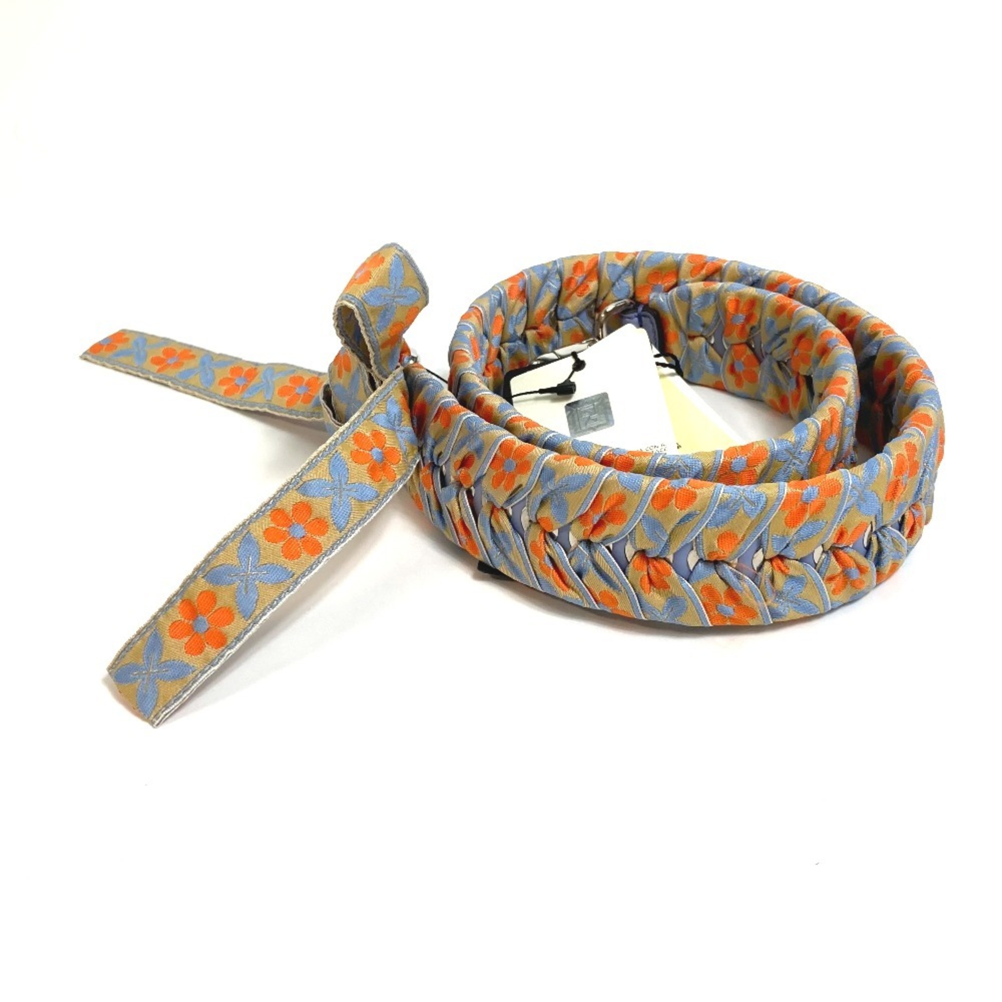 FENDI 8AV077 Flower Ribbon Strap You Shoulder Leather Canvas Women's Blue x Orange