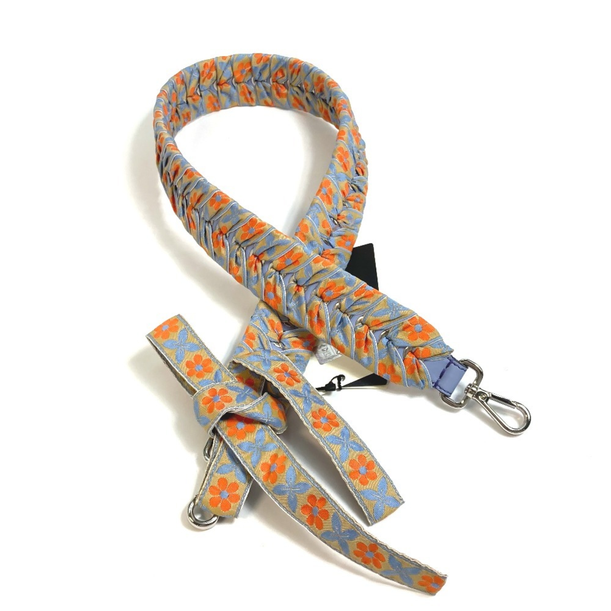 FENDI 8AV077 Flower Ribbon Strap You Shoulder Leather Canvas Women's Blue x Orange