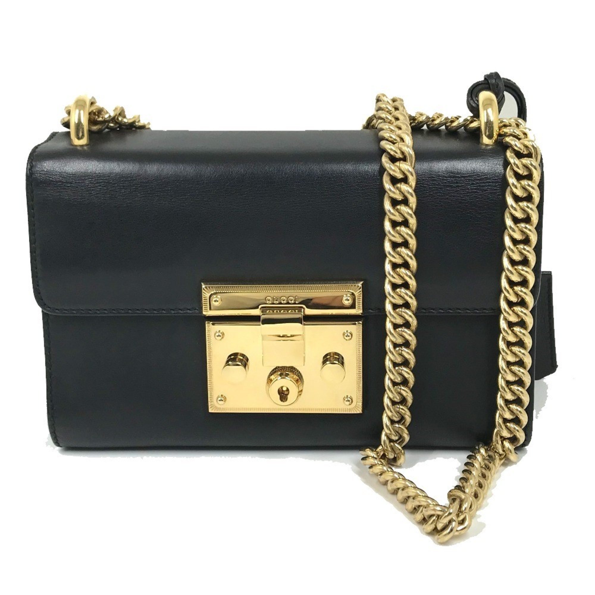 GUCCI 409487 Small Padlock Chain Shoulder Bag Leather Women's Black