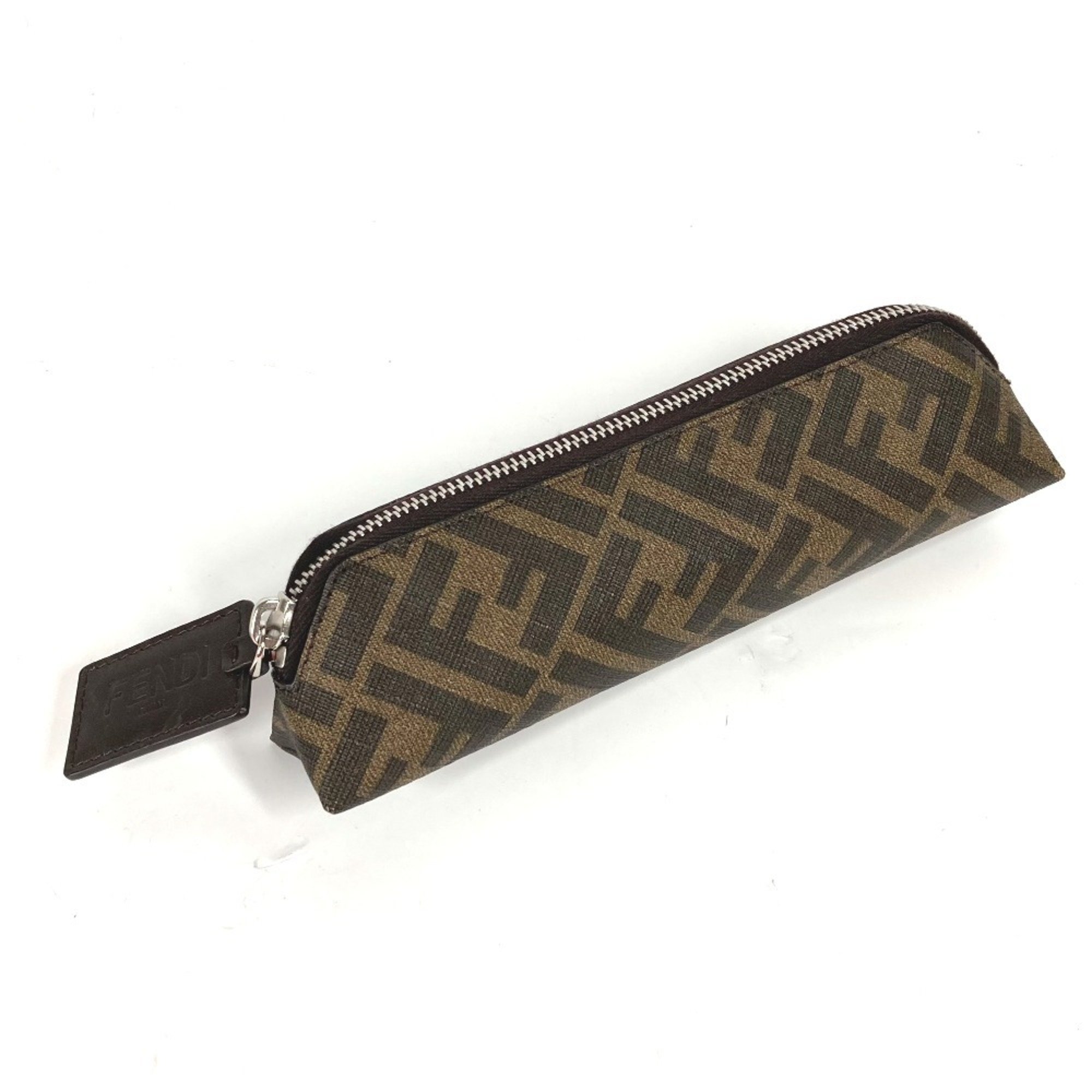 FENDI 7N0117 Zucca Fabric Pencil Case Stationery Pen Leather Women's Brown