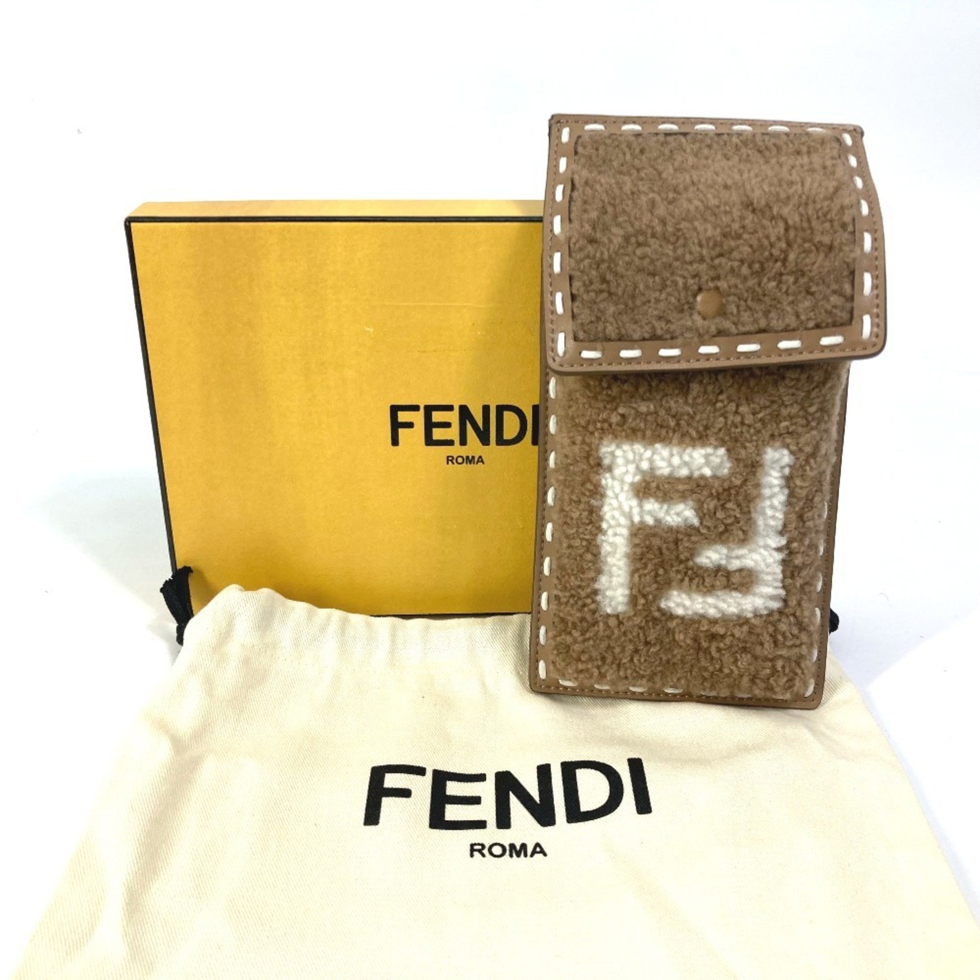 FENDI 7AS047 Smartphone Case Phone Pouch FF Fur Leather Women's Beige