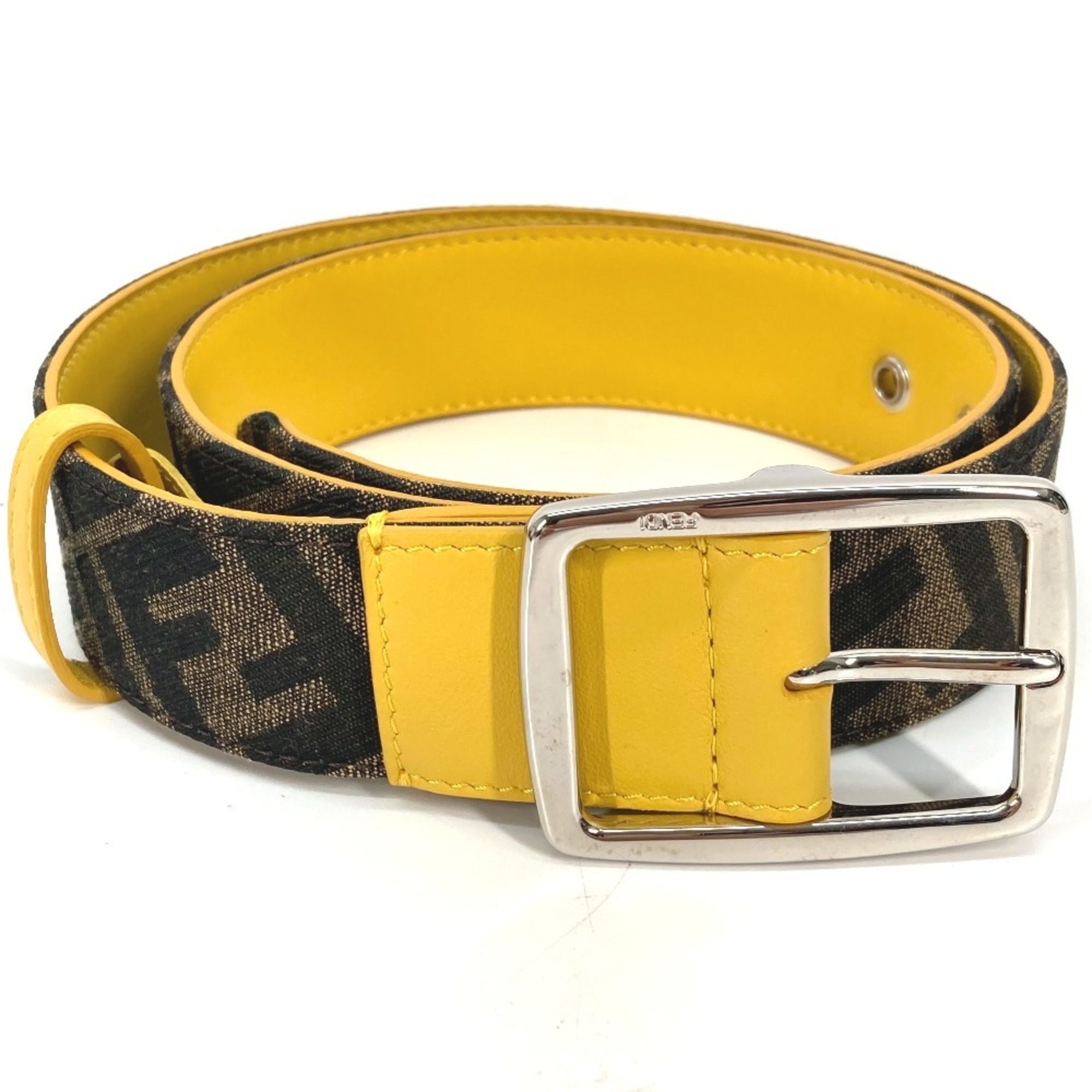 FENDI Zucca Belt Canvas Leather Men Women Brown