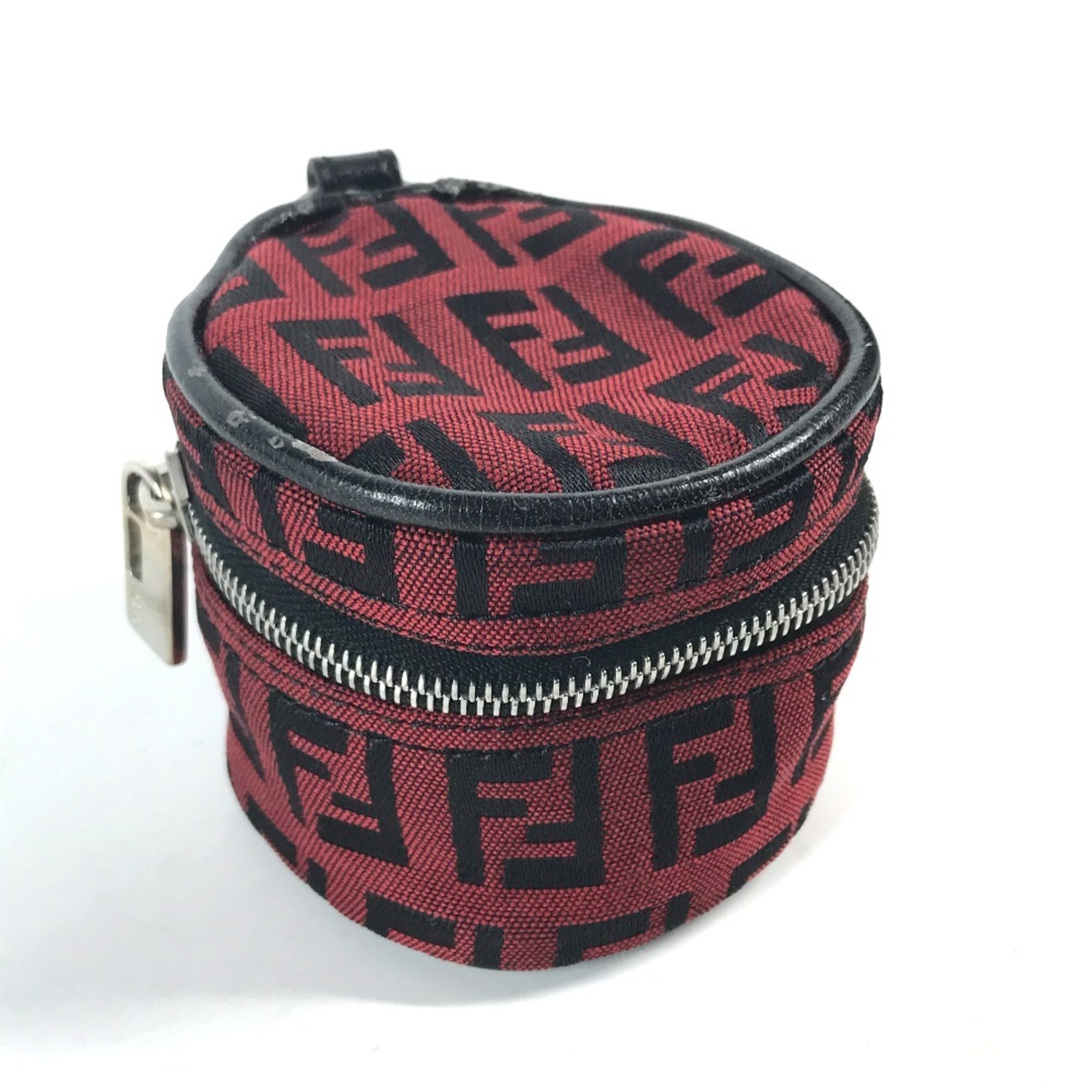 FENDI Wallets & Coin Cases Zucca Round Multi-Pouch Key Holder Bag Charm Pouch Canvas Leather Women's Red