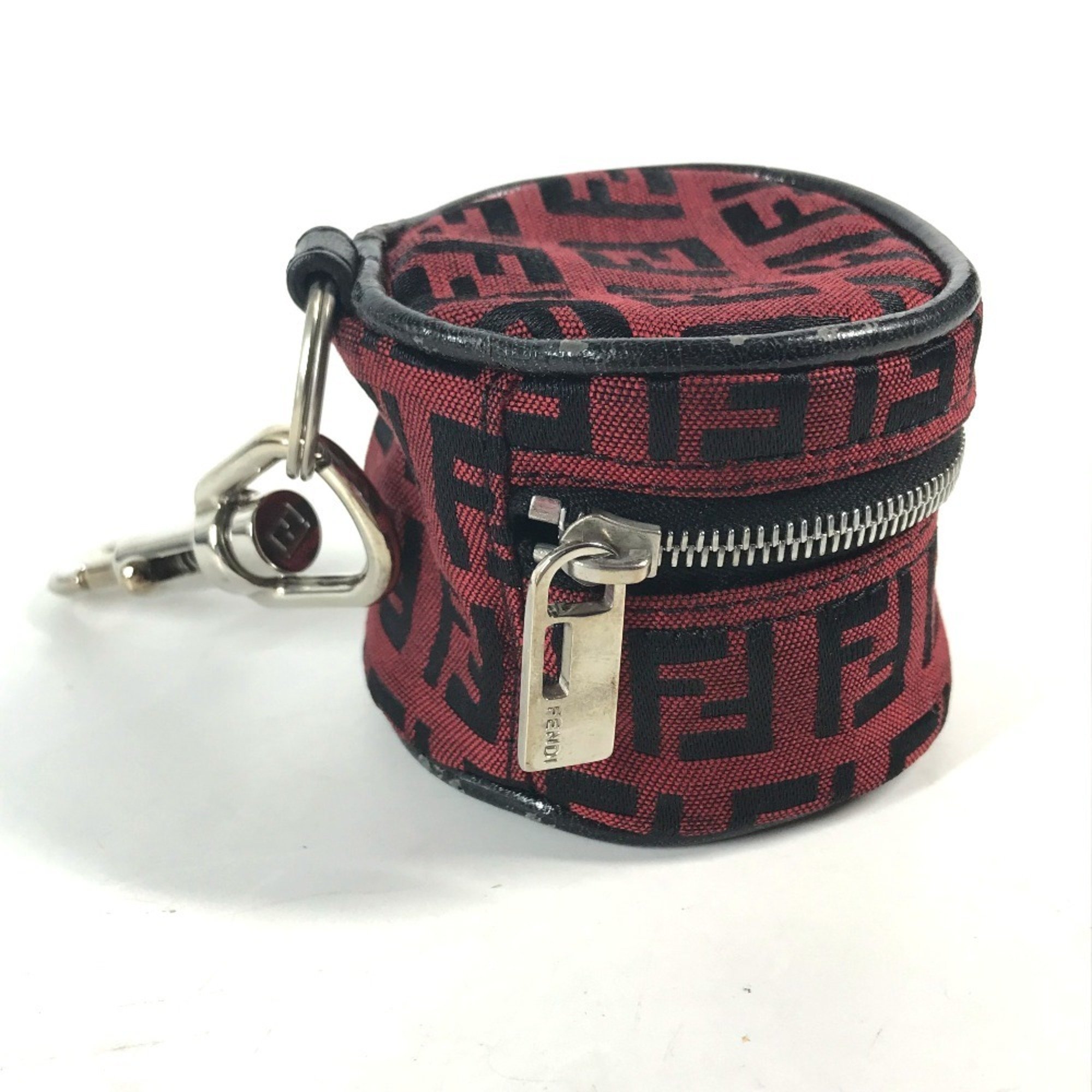 FENDI Wallets & Coin Cases Zucca Round Multi-Pouch Key Holder Bag Charm Pouch Canvas Leather Women's Red