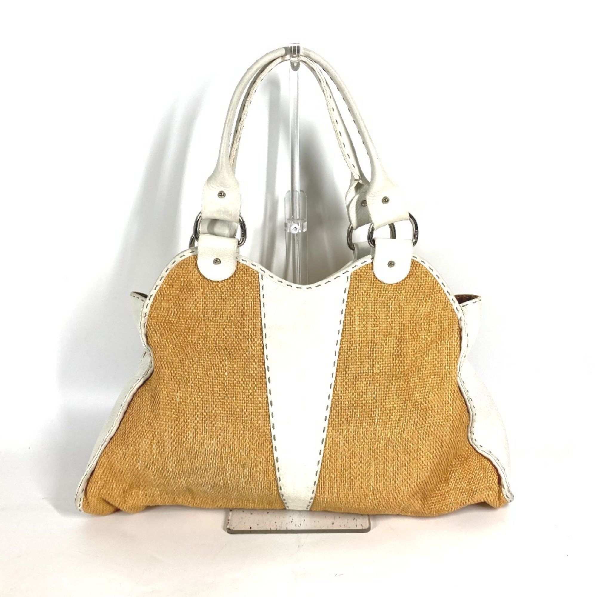 Fendi Selleria Logo Selleria Women's Straw Beach Bag,Shoulder Bag Beige,White