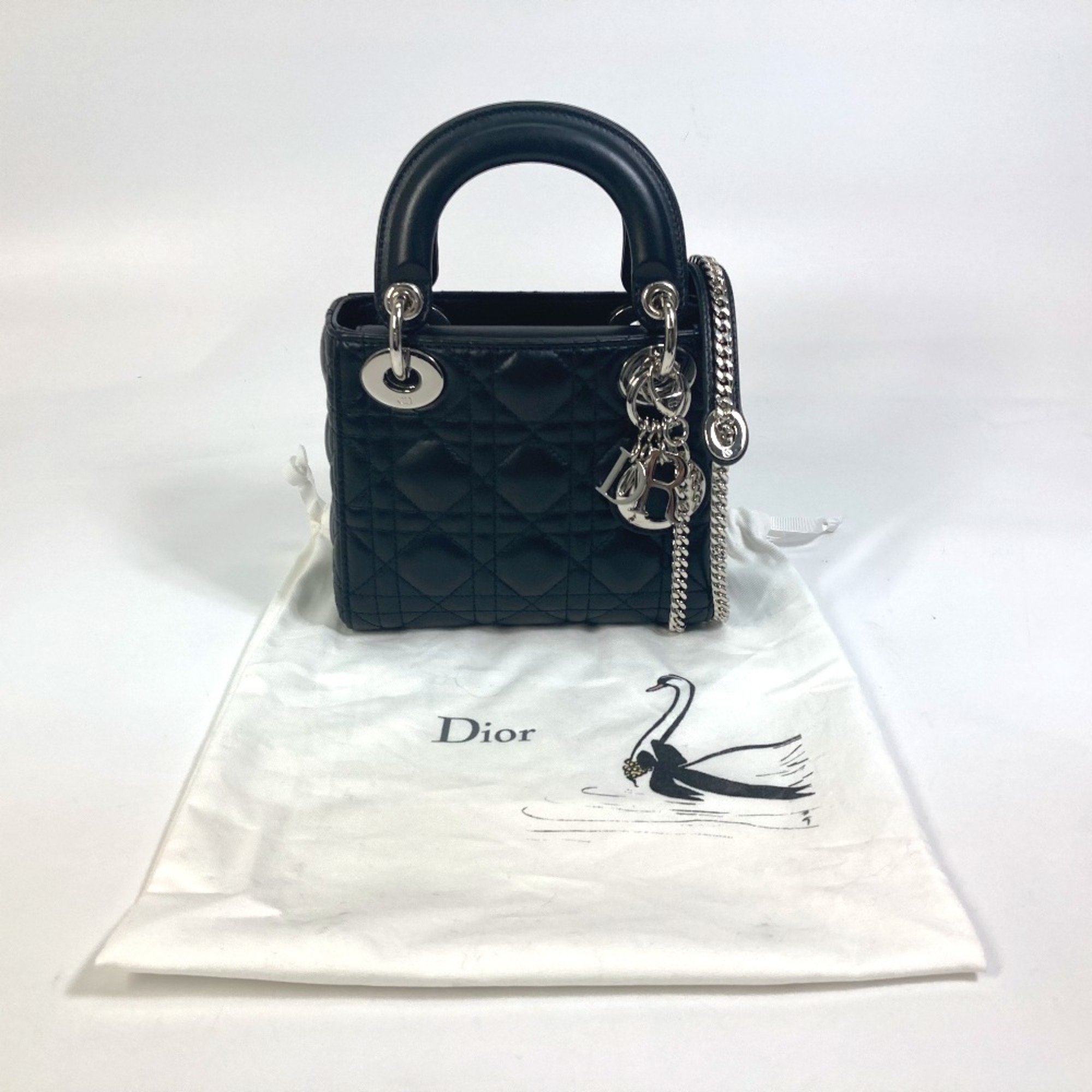 Christian Dior Dior Lady Cannage Shoulder Bag Leather Women's Black