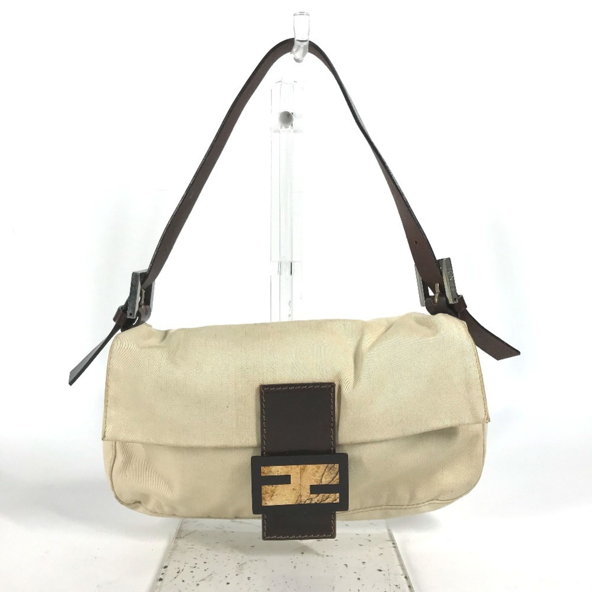 FENDI Mamma Bucket Shoulder Bag Canvas Leather Women's Beige